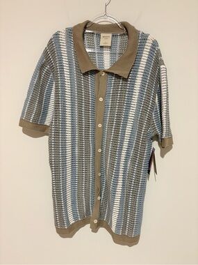 Massive Luxury Crochet Knit Polo Shirt Striped Button Up blue green XL FLAW